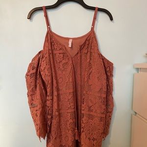 Salmon colored off the shoulder dress